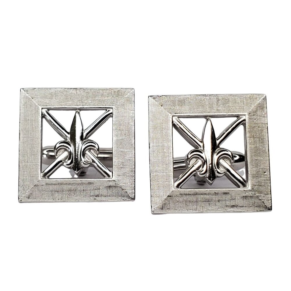 Vintage Swank Cufflinks Fleur De Lis Square Silver Tone 7/8"